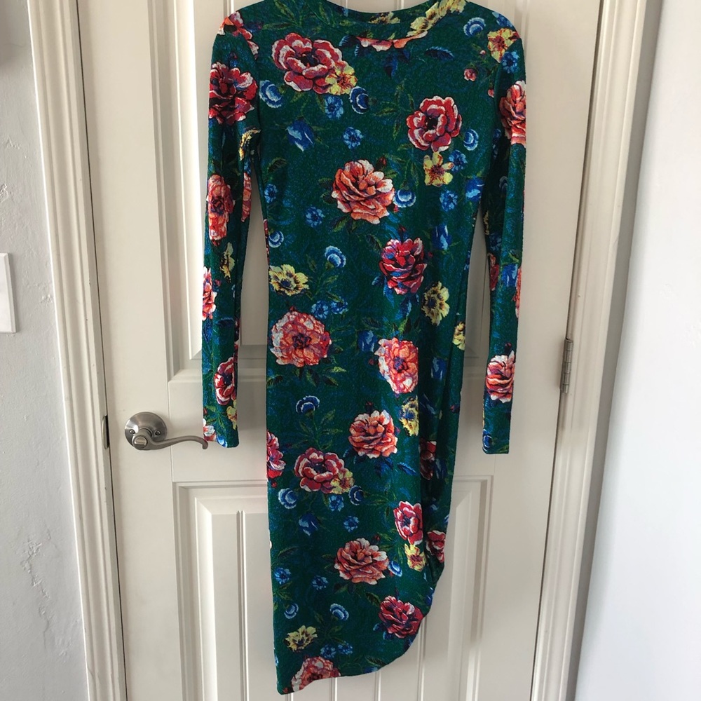 Zara Trafaluc Long Sleeve Maxi Green Floral Dress